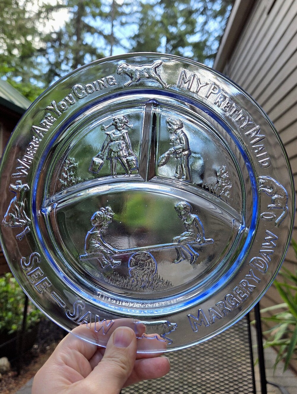 ~1940s Tiara/Indiana Glass Co Nursery Rhyme Childrens Divided Blue Glass Plate